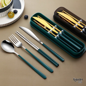 创意韩式304不锈钢餐具 便携套装刀叉勺子筷子礼盒金色四件套