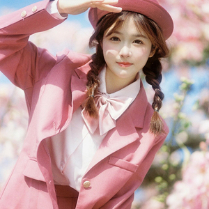 jk制服小树梅原创粉色西服学院风套装樱花写真拍照高腰半身裙日系