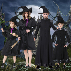 万圣节魔法师巫师服装 黑色恐怖男巫女巫cos亲子装法师教父长袍
