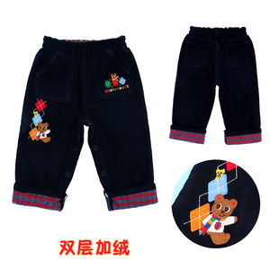 miki童装 2022年新款日式卡通围巾熊刺绣灯芯绒加绒长裤加厚棉裤