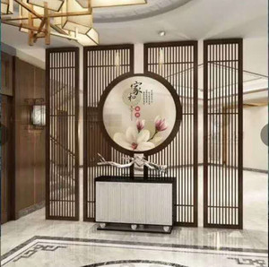 新中式实木花格纱画屏风背景墙简约隔断日式原木栅栏仿古月洞门窗