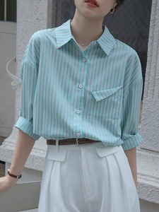 蓝色条纹衬衫短袖女夏季薄款小个子高级感宽松半袖衬衣女款日系夏