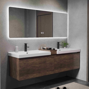 新中式侘寂风浴室柜组合一体陶瓷双盆卫生间洗脸手盆柜黑胡桃木色