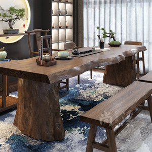 实木办公室茶桌整版新中式泡茶桌椅组合家用原木大板桌茶台客厅