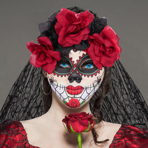 墨西哥亡灵节头纱面具女万圣节鬼脸新娘面罩恐怖化妆舞会头套全脸