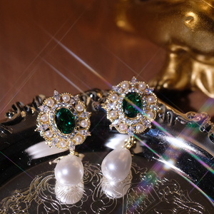 【古董风耳环】小众设计轻奢高级感珍珠复古祖母绿宝石耳钉耳饰女