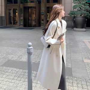 白色双面羊毛外套女2023秋冬新款高级感韩系中长款西装领妮子大衣
