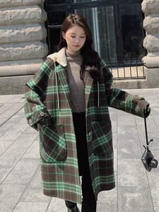 韩系双面格子羊毛大衣女2023秋冬款高级感赫本风气质宽松妮子外套