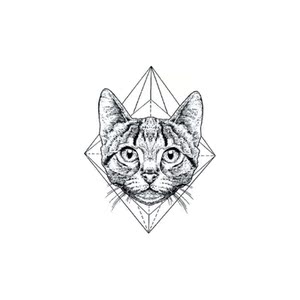 小猫咪纹身贴防水男女持久黑白简约线条几何图形猫头动物文身贴纸