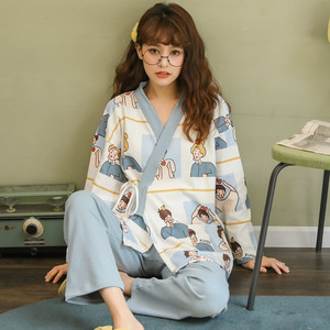 日系和服睡衣女春秋纯棉长袖卡通可爱学生大码休闲家居服套装梨头