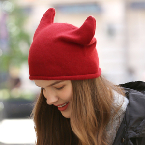 羊绒帽子女冬2021秋季新款可爱甜美羊角帽兔耳朵毛线帽针织帽ins
