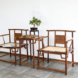 齐家守艺人伯利兹黄檀藤屉扇面椅三件套新中式古典榫卯家具禅椅