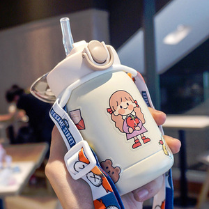 儿童保温杯带吸管少女心ins可爱女生超萌便携小学生简约保温水壶