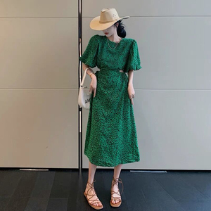 绿色豹纹连衣裙女短袖夏季新款设计感别致独特美式复古高腰长裙