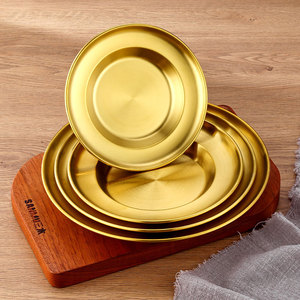 韩式不锈钢盘子创意金色圆盘意面盘水果沙拉甜品盘家用菜盘草帽盘