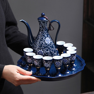 复古中式白酒杯酒壶酒具套装家用珐琅彩酒杯仿古分酒器圆陶瓷托盘