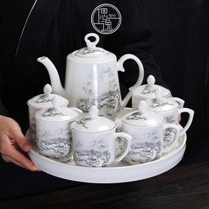 复古中式茶具套装家用会客带把茶壶带盖防烫茶杯茶馆轻奢陶瓷托盘