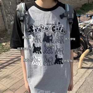 灰色拼接插肩袖短袖T恤可爱女装少女甜美软妹上衣日系学生卡通猫