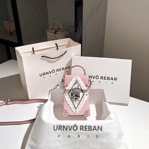 URNVO REBAN 新中式真皮手机包包女2024新款潮粉色mini小包斜挎包