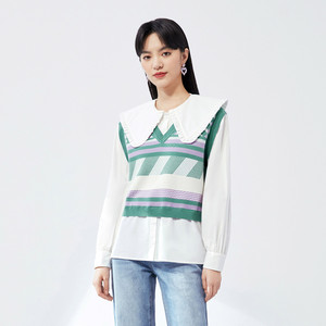 伊芙丽奥特莱斯折扣店2021春款翻领长袖假两件复古套头拼接针织衫