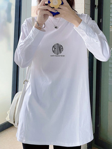 韩国白色打底衫女2024年春秋内搭薄款字母长袖T恤宽松中长款上衣