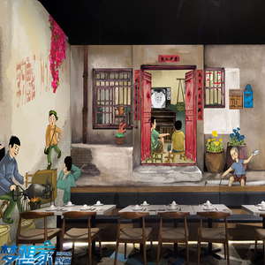 怀旧老房子餐馆壁纸冒菜馆市井火锅夜宵店串串香背景墙布墙纸壁画