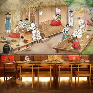 韩式料理店墙纸韩国传统民族人物民俗壁画泡菜火锅烤肉店环保壁纸