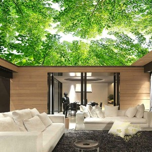 客厅卧室大型天顶3d壁纸吊顶天花板壁画画房顶棚绿色风景树枝墙纸