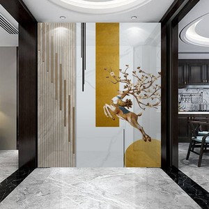 现代轻奢简约玄关抽象麋鹿墙布壁画3d线条走廊过道竖版壁纸8d墙纸