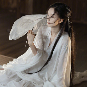 白色汉服女古装夏款魏晋直裾武侠古风飘逸夏季薄款广袖流仙裙改良