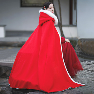 大红色斗篷汉服女披风长款毛领加绒加厚古装古风披肩冬季保暖加棉