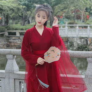 红色汉服女中国风原创古风广袖流仙裙改良版连衣裙春秋古装超仙气