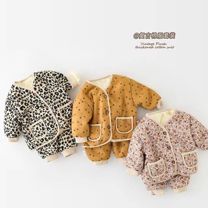 婴幼儿新款加绒加棉两件套男女宝宝冬季韩版时尚豹纹加厚棉衣套装