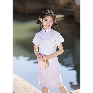 紫色女童旗袍夏季2024新款中国风儿童小女孩中式兔子连衣裙短袖女