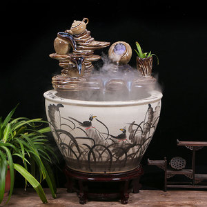 00czy476淘宝景德镇青花手绘写意陶瓷器大金鱼缸水浅乌龟缸睡莲水仙