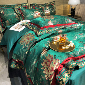 中式奢华120支长绒棉贡缎提花床盖四件套复古花卉刺绣别墅1.8米床