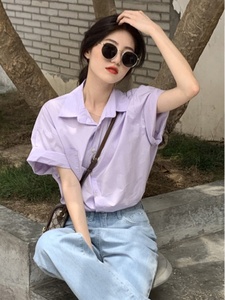 韩系紫色短袖衬衫女2024新款夏季设计感基础爆款甜酷百搭防晒上衣