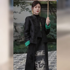 新中式唐装中国风女装高级感黑色提花斜襟盘扣上衣半身裙套装冬季