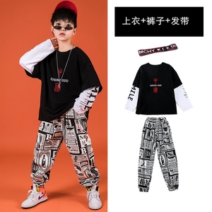 儿童中国风个性假两件卫衣长裤套装女童男童嘻哈街舞元旦表演服潮