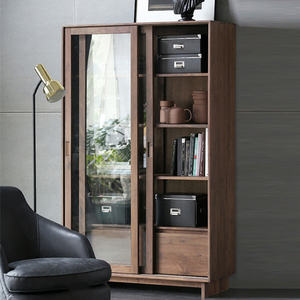 北欧黑胡桃木窄书柜移门110cm玻璃展示柜推拉门轻奢日式极简落地