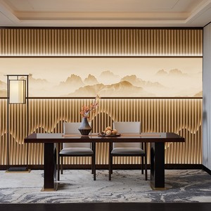 现代新中式墙纸3d立体木格栅山水养生馆足疗店背景墙装饰茶室壁纸