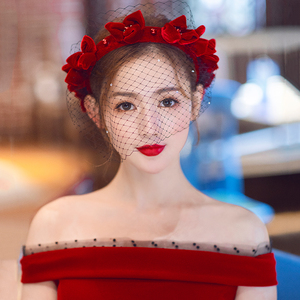 可爱新娘韩式轻复古敬酒新娘发饰唯美红色绒布花朵网纱晚礼服头饰