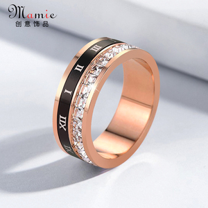 个性时尚钛钢单排钻石男女戒指可转动网红风情侣罗马时来运转指环