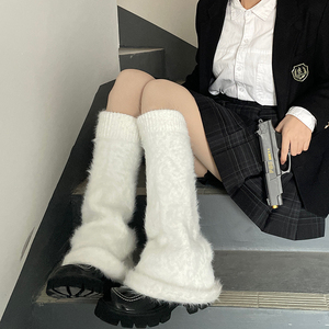 00左边袜子店铺淘宝y2k小腿环毛毛袜套仿皮草qq秀少女粉皮扣保暖腿