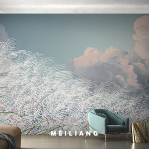 美良蓝天白云壁纸芦苇现代简约墙纸卧室客厅电视背景墙定制壁画