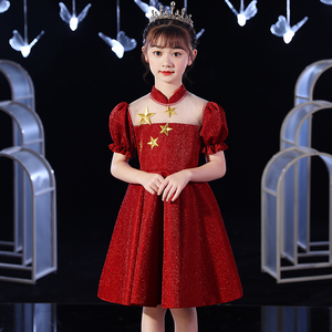 国庆儿童合唱演出服红色中国风演讲朗诵舞蹈女童公主裙礼服中国风