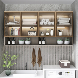 家用阳台吊柜壁柜墙上储物柜书柜书架壁挂式玻璃门实木厨房挂墙柜