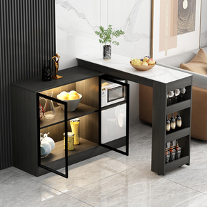 现代简约伸缩酒柜吧台桌家用实木客厅轻奢岩板隔断吧台一体玄关柜