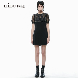 裂帛LIEBOFeng商场同款夏设计师甜美泡泡袖法式小黑裙蕾丝连衣裙