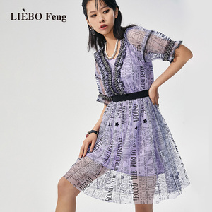 裂帛LIEBOFeng商场同款2023年夏新国潮雪纺蕾丝两件套短袖连衣裙